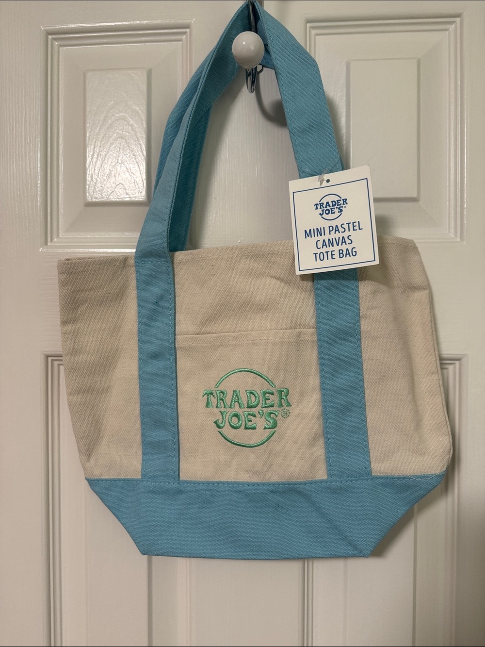 Trader Joe's Mini Pastel Canvas Tote Bag in Light Blue and Cream